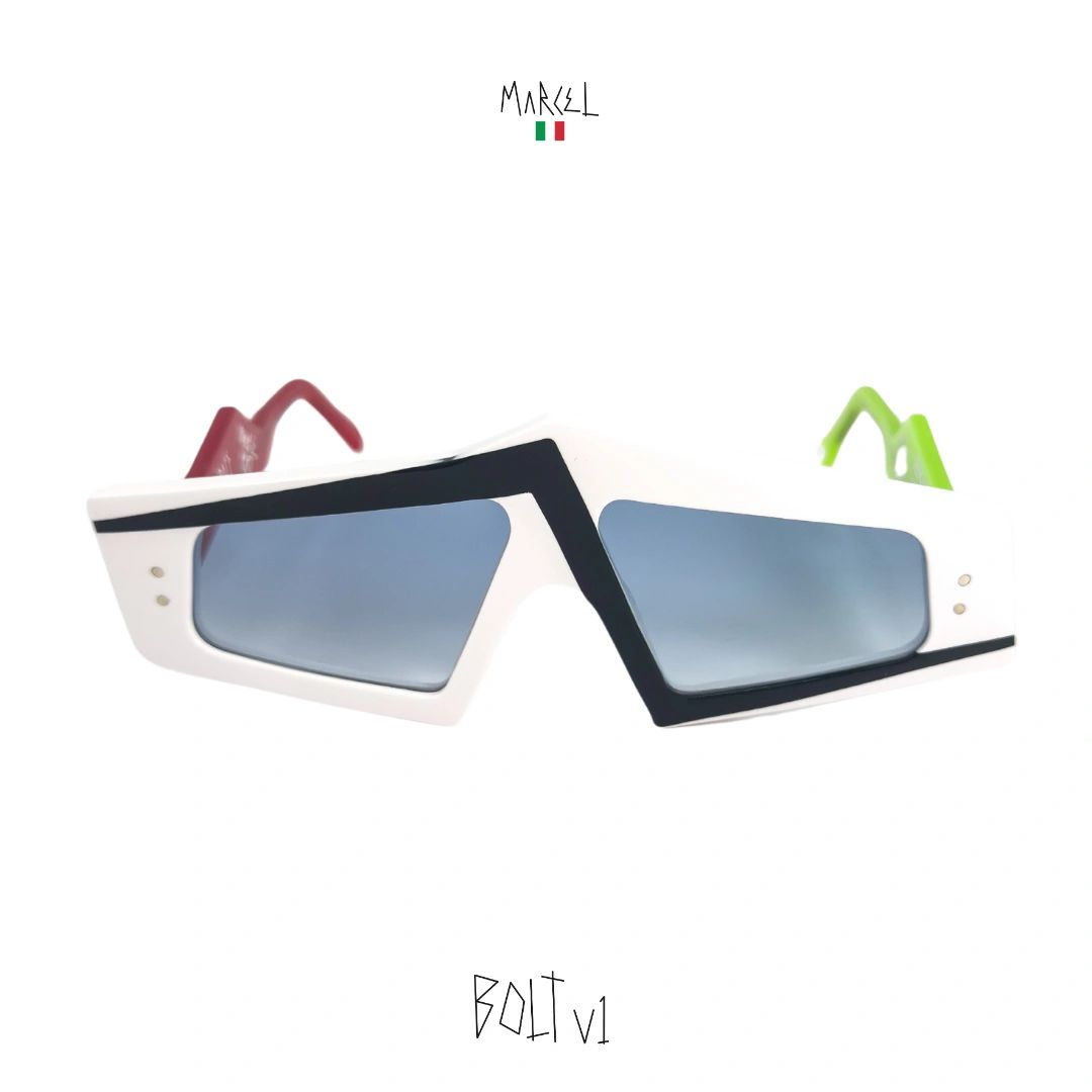 Sunglasses with unique frame design on a white background, featuring the brand 'Marcel'. Front view.