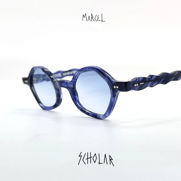 Blue round sunglasses with a braided design on a white background, featuring the brand 'Marcel'.