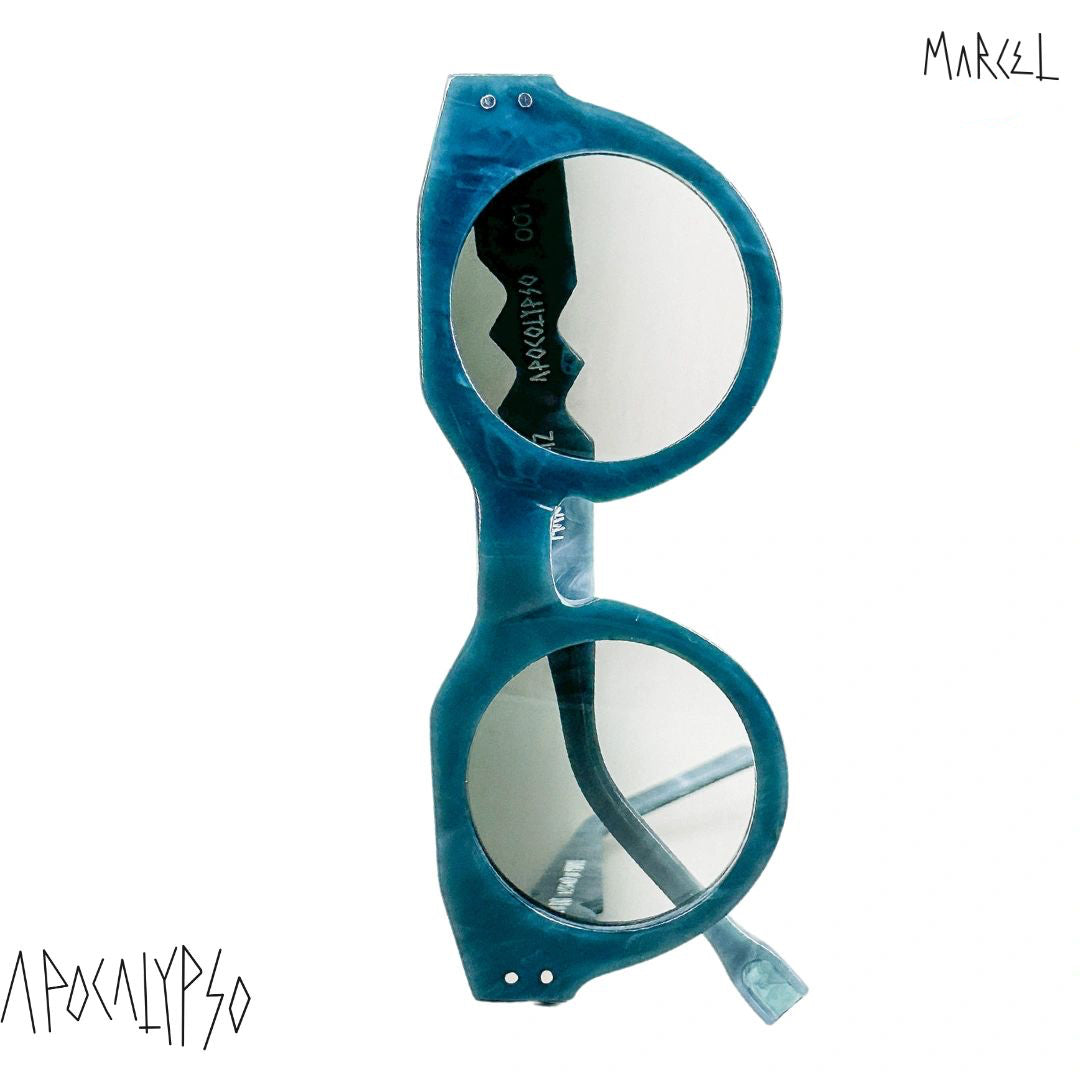 Blue sunglasses with reflective lenses on a white background, featuring the brand 'Apocalypso'. Front view.