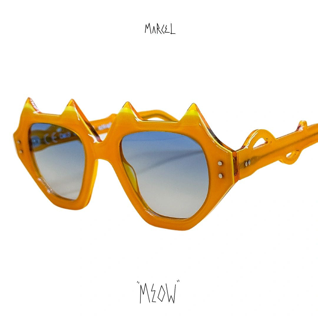 Orange sunglasses with reflective lenses on a white background, featuring the brand 'Meow.' 3/4 view.