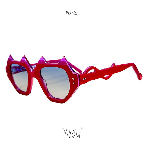 Red sunglasses with unique design on a white background, featuring the brand 'Meow'. 3/4 front view.