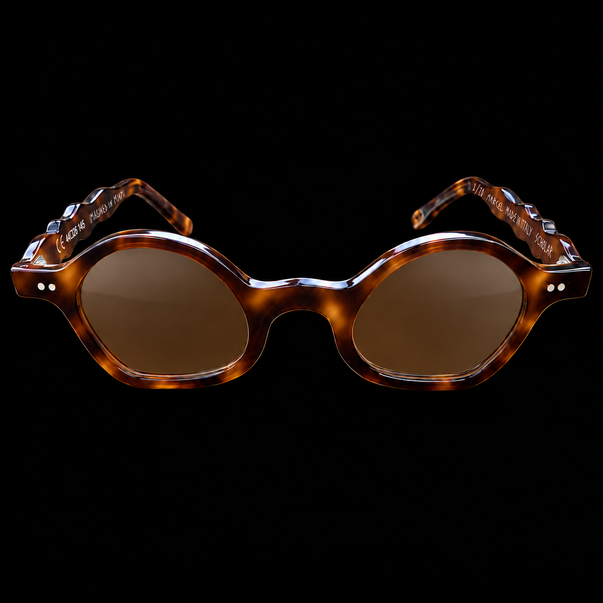 MARCEL Scholar Study 06220 brown tortoiseshell sunglasses with brown lenses, front view on black.
