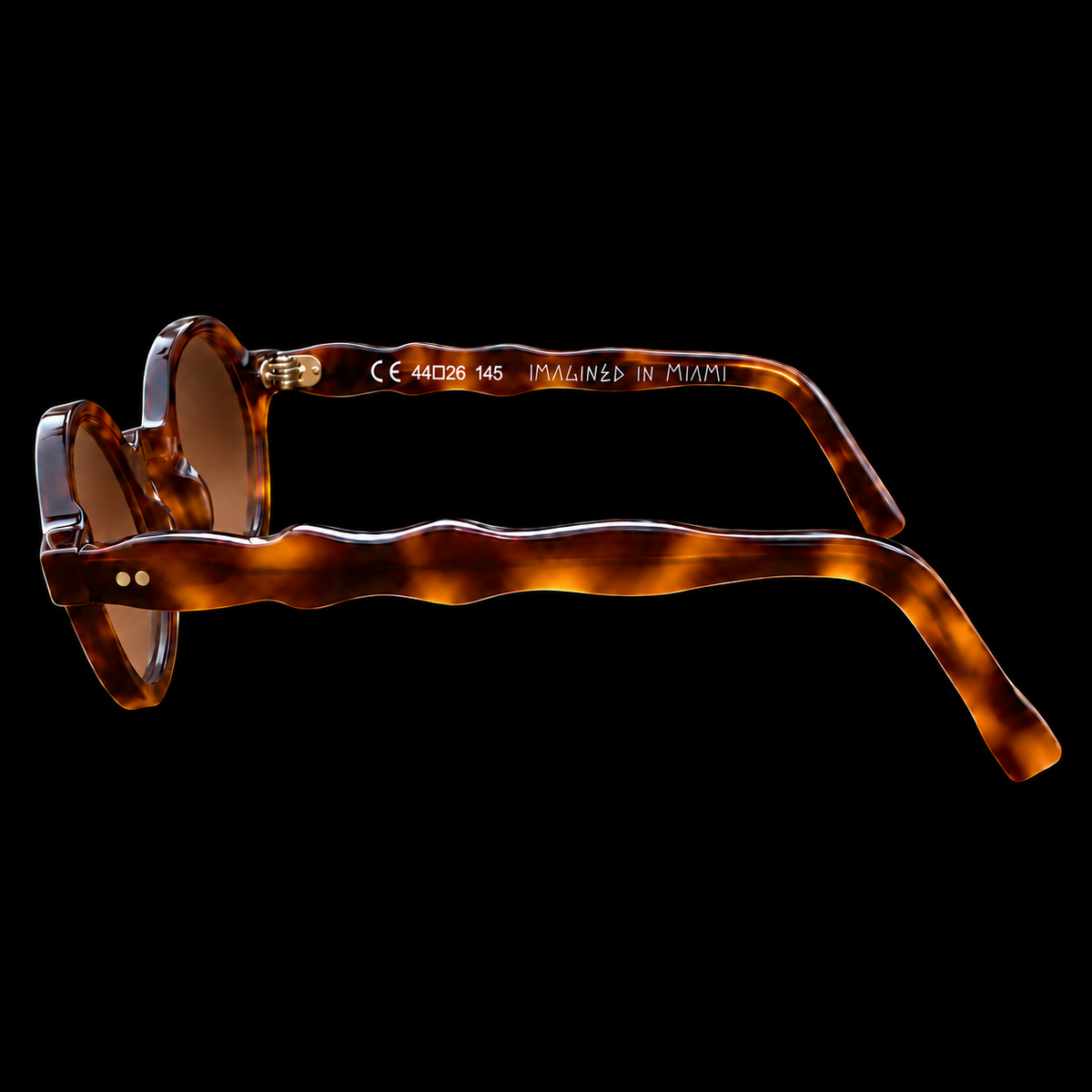 MARCEL Scholar Study 06220 brown tortoiseshell sunglasses with brown lenses, side view on black.