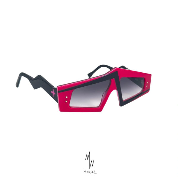 Sunglasses with a red and black frame on a white background. 3/4 front view.